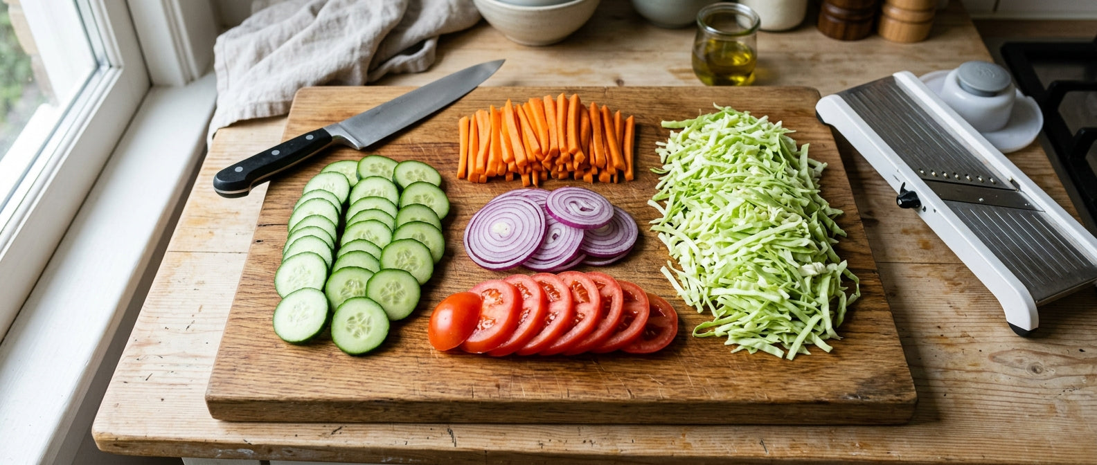 Evenly sliced cucumbers, carrots, onions, cabbage, and tomatoes on a cutting board with a chef’s knife and mandoline slicer