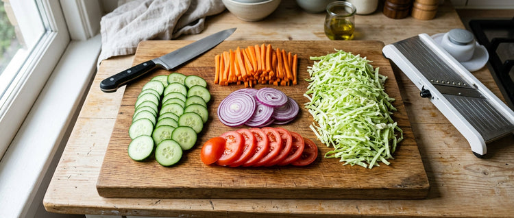 Evenly sliced cucumbers, carrots, onions, cabbage, and tomatoes on a cutting board with a chef’s knife and mandoline slicer