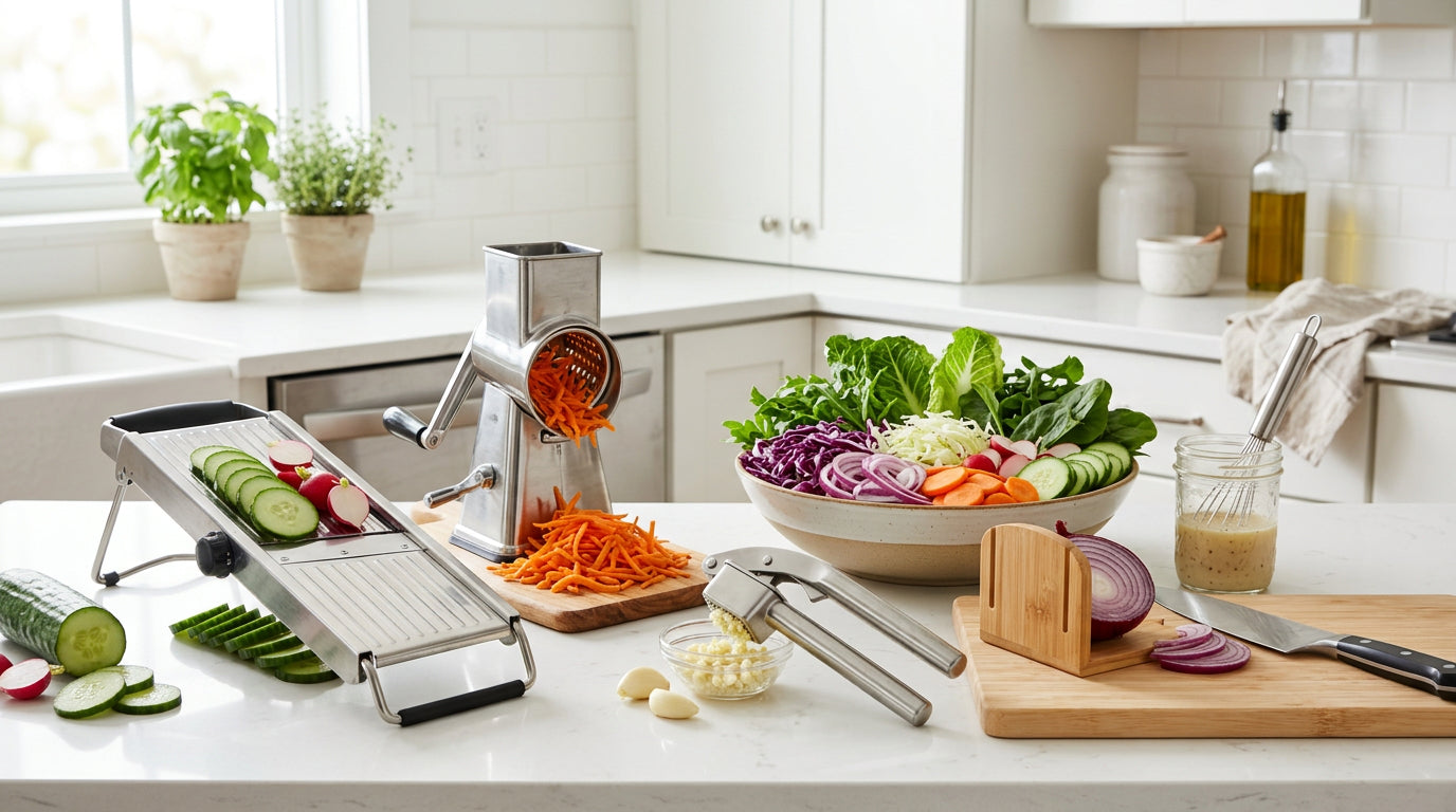 Fresh salad ingredients and kitchen prep tools on a countertop, including a mandoline slicer, vegetable shredder, garlic press, and slicing guide for faster salad prep.
