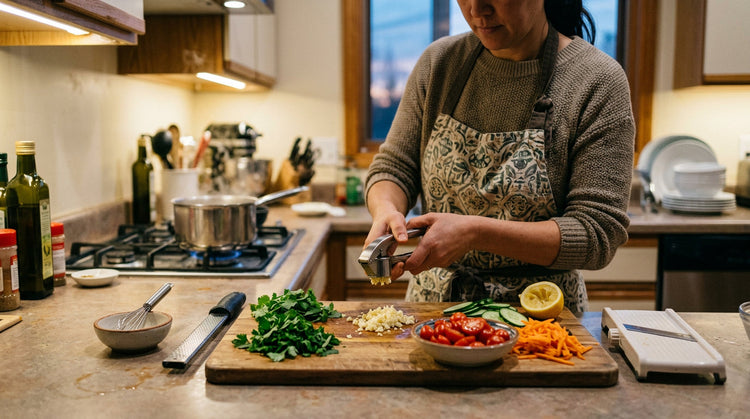 Home cook using a garlic press with compact prep tools during busy weeknight dinner prep in a warm evening kitchen