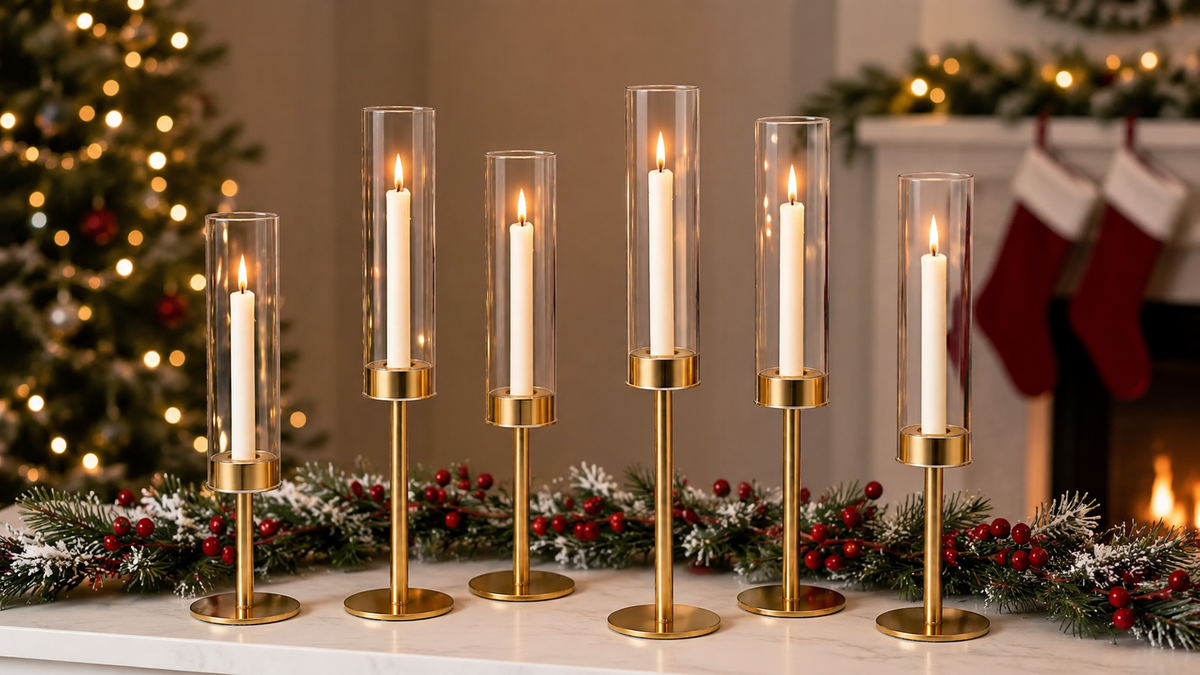 Gold glass hurricane candle holders displayed in an elegant Christmas table setting