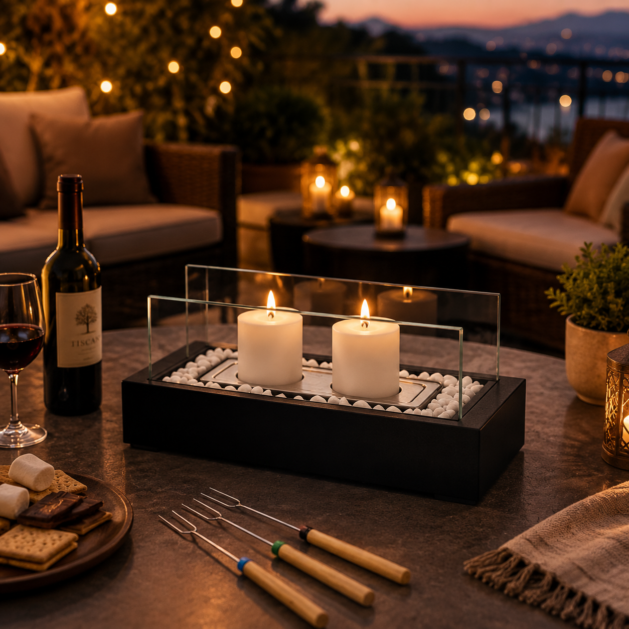 A lit white pillar candle in a clear cylindrical glass holder with a black base, styled on a wooden table beside an open book, dried flowers, and a steaming mug in warm ambient lighting.