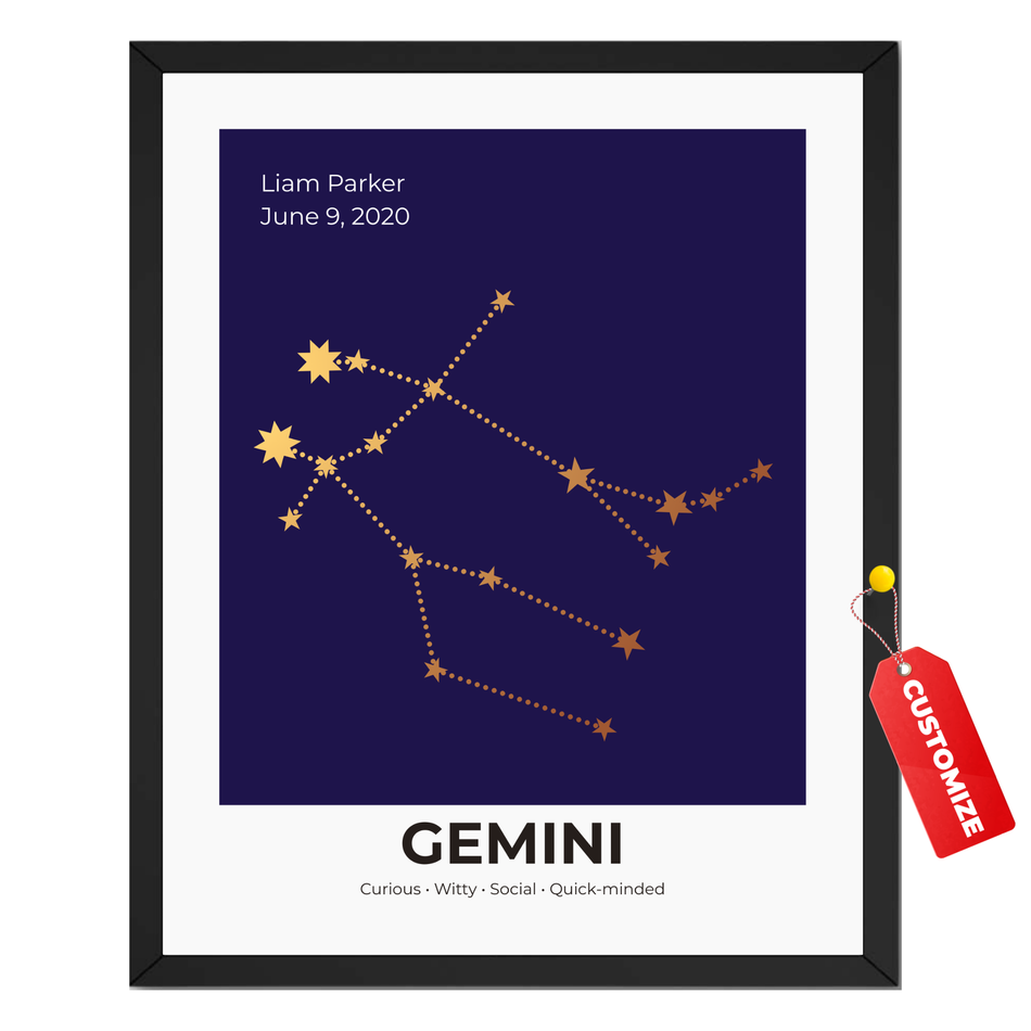 Personalized Gemini Constellation Print: Customized Name Star Map Poster and Canvas