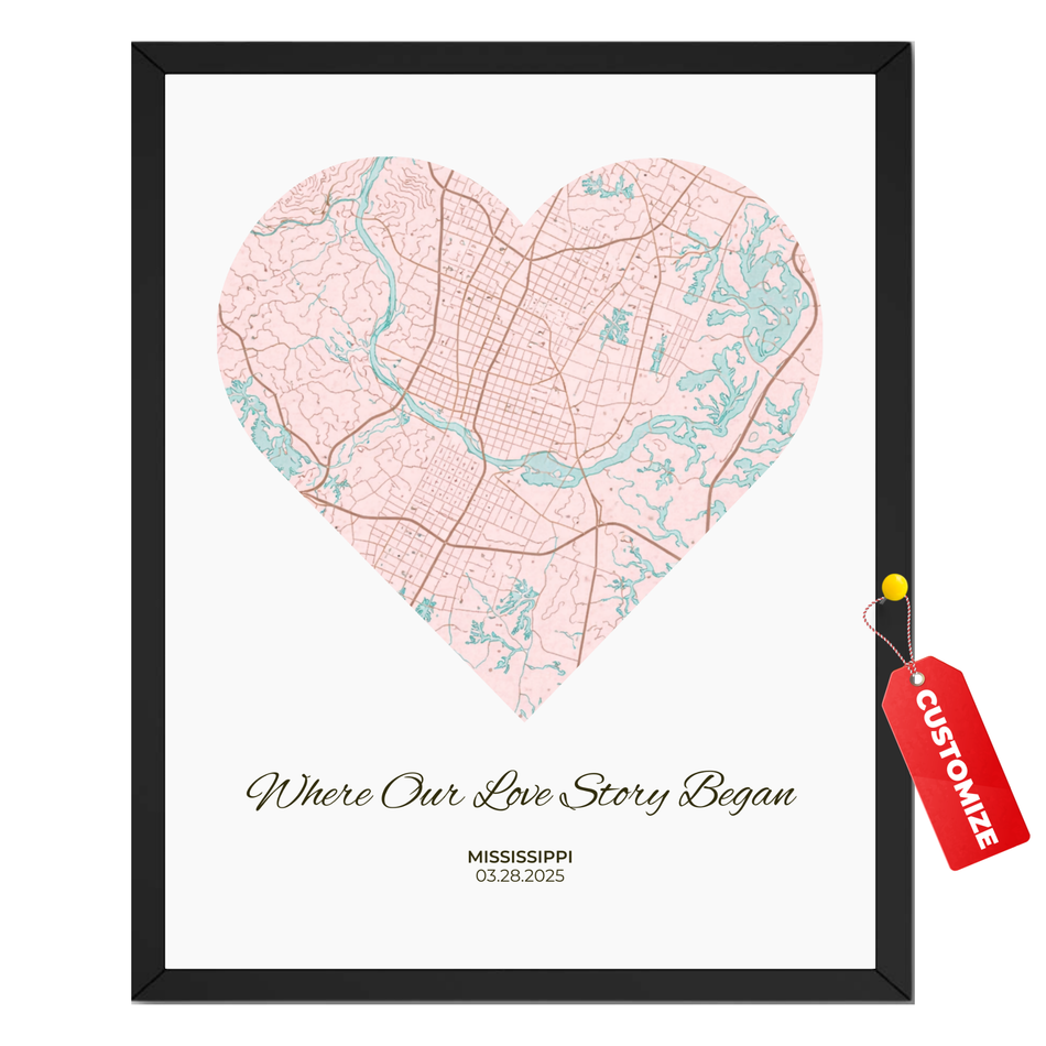 Personalized Heart Map Poster – Custom Love Story Location Canvas Print