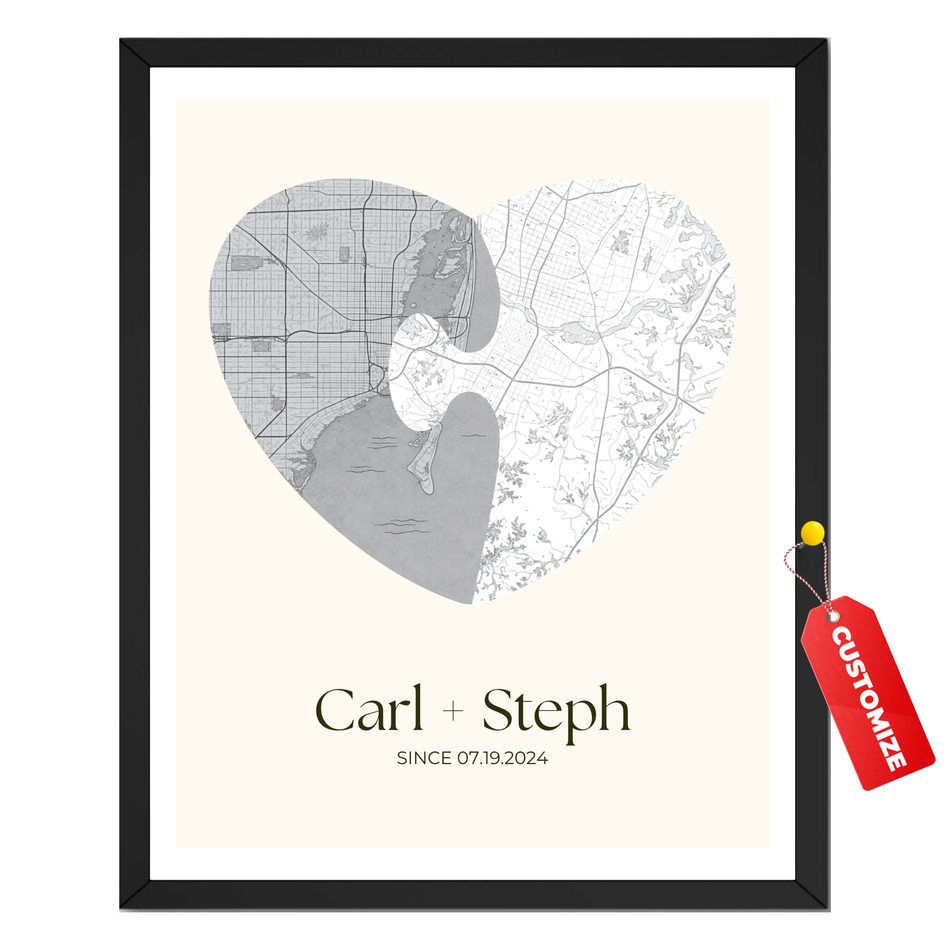 Personalized Couple Heart Map Print – Custom Names and Anniversary Date Poster