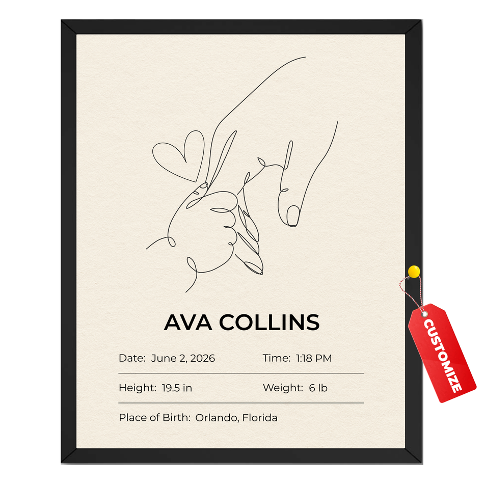 Personalized Baby Hands Print | Custom Newborn Birth Measurements Nursery Wall Art