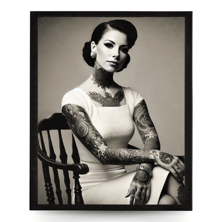 InkFlow Tattooed Woman Poster - Retro Tattoo Art Print, Black & White Photography Circus Art for Home Office or Living Room Wall Decor - 11x14 UNFRAMED Wall Art - Infinity Beyond Crafts