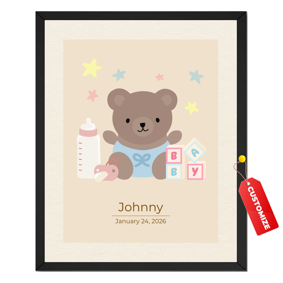Personalized Baby Name Print | Custom Teddy Bear Nursery Wall Art