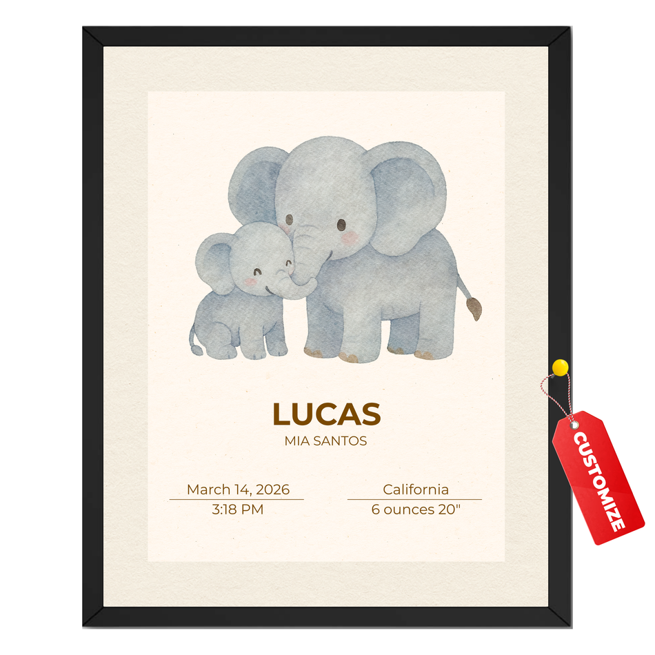 Personalized Baby Elephant Birth Stats Print | Custom Nursery Name Wall Art