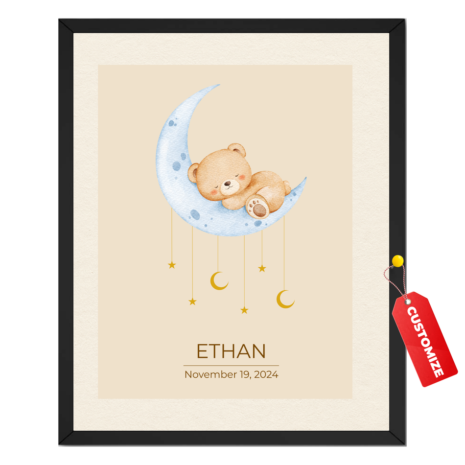Personalized Baby Moon & Teddy Bear Name Print | Custom Nursery Wall Art with Birth Date