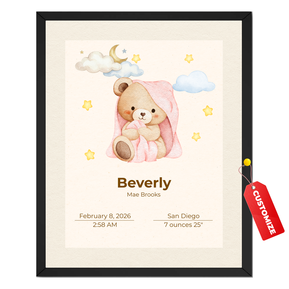 Personalized Baby Bunny Birth Stats Print | Custom Nursery Wall Art with Name & Birth Details