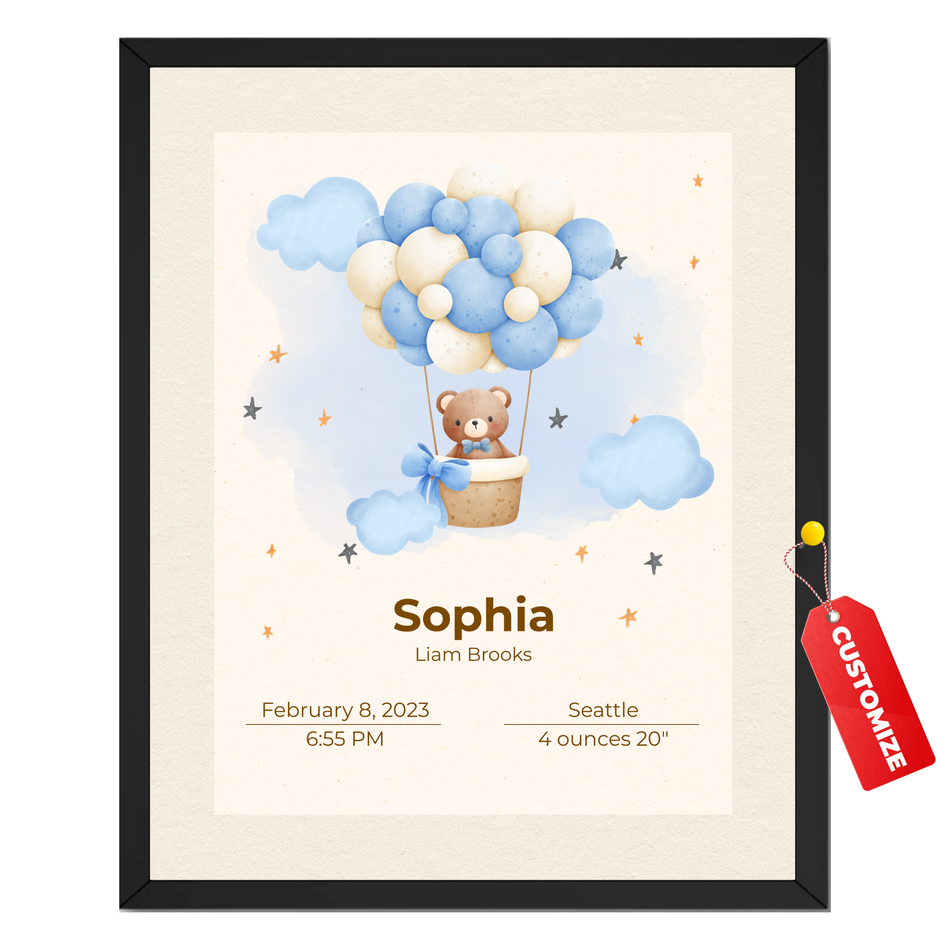 Personalized Baby Teddy Balloon Birth Stats Print | Custom Nursery Wall Art with Name & Details