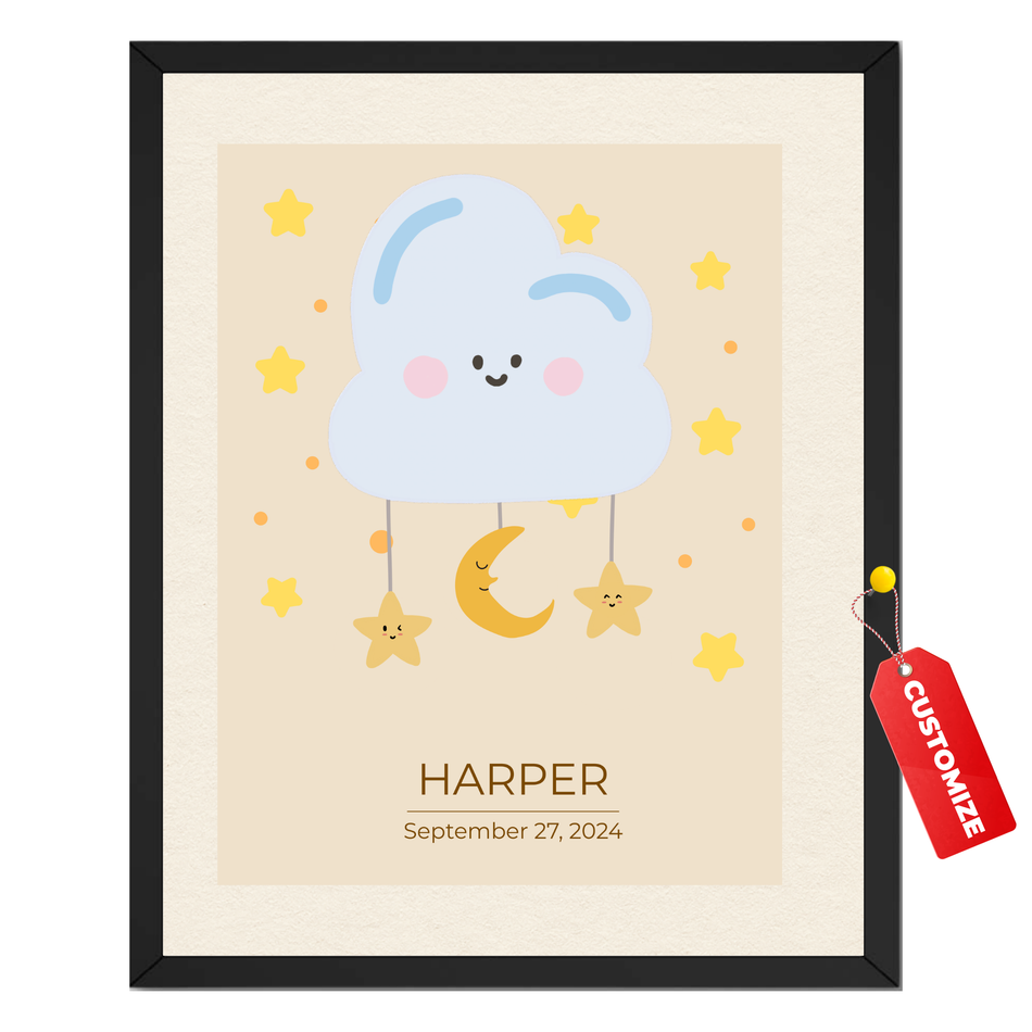 Personalized Baby Cloud & Star Birth Stats Print | Custom Nursery Wall Art with Name & Details