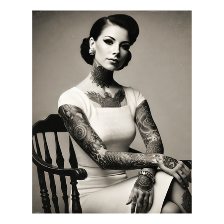 InkFlow Tattooed Woman Poster - Retro Tattoo Art Print, Black & White Photography Circus Art for Home Office or Living Room Wall Decor - 11x14 UNFRAMED Wall Art - Infinity Beyond Crafts