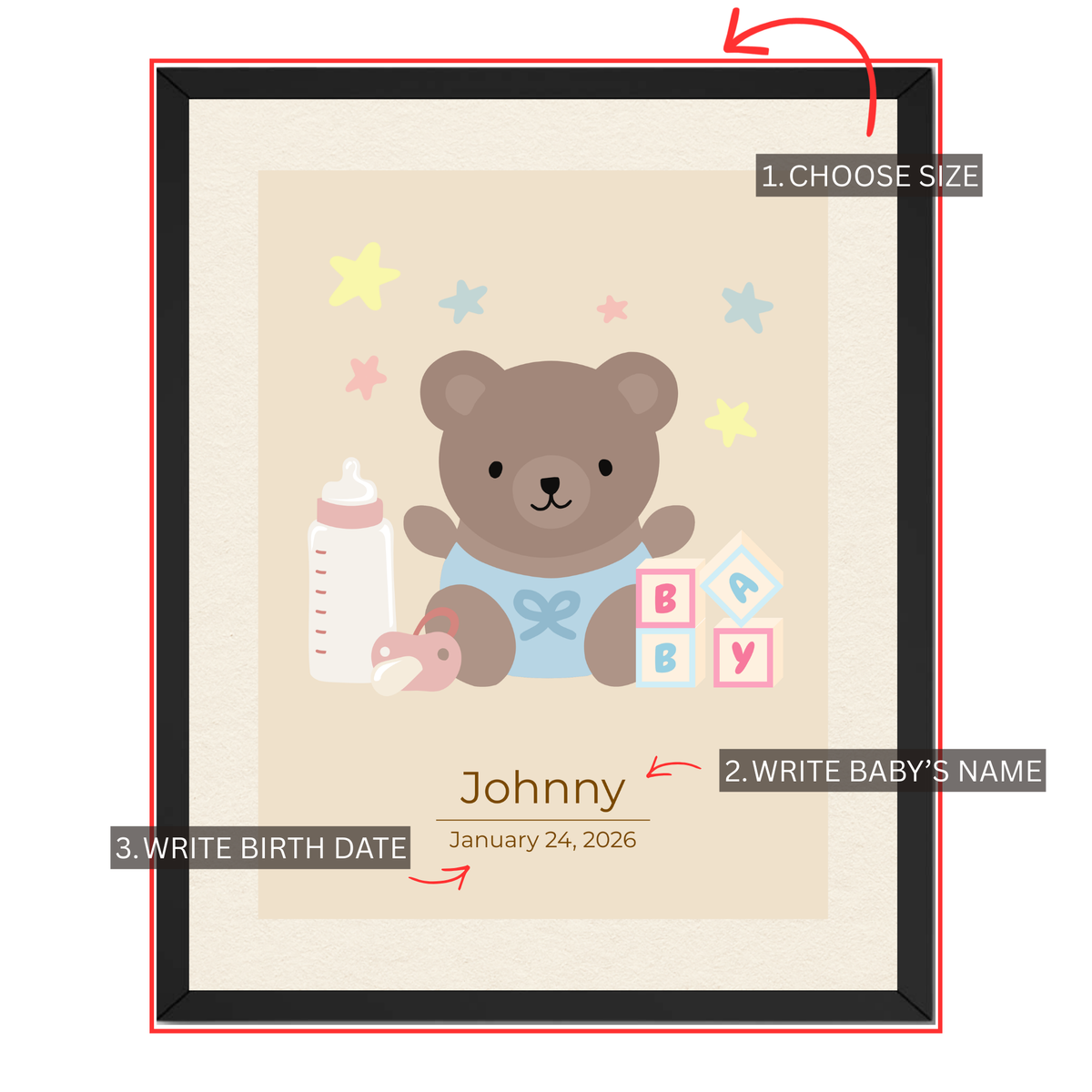 Personalized teddy bear baby name print guide showing where to choose size and add baby's name and birth date