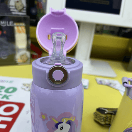 Unicorn Drinking Kids Insulated Water Bottle - Easy Open Button & Carrying Lanyard with Zipper Pouch - Stainless Steel Water Bottle for School Boys Girls.