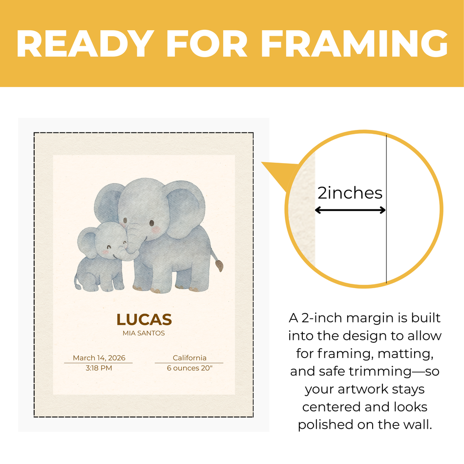 Personalized Baby Elephant Birth Stats Print | Custom Nursery Name Wall Art
