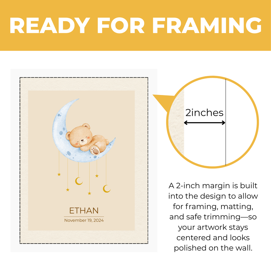 Personalized Baby Moon & Teddy Bear Name Print | Custom Nursery Wall Art with Birth Date