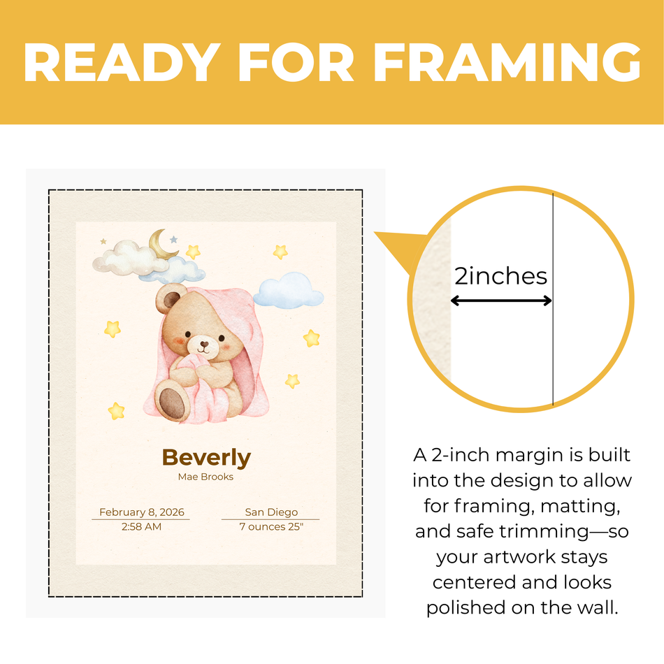 Personalized Baby Bunny Birth Stats Print | Custom Nursery Wall Art with Name & Birth Details