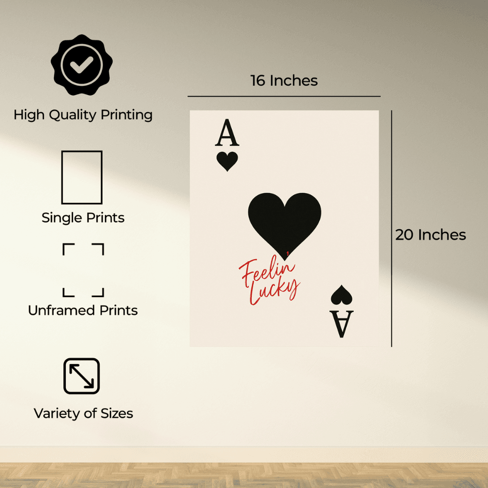 InkFlow Vintage 'Feeling Lucky' Heart Poker Wall Poster - Trendy Retro Poster for Room, Bedroom, Dorm, Hallway Decor - Classic Card Game Picture Print - 16x20 Unframed Wall Art - Infinity Beyond Crafts