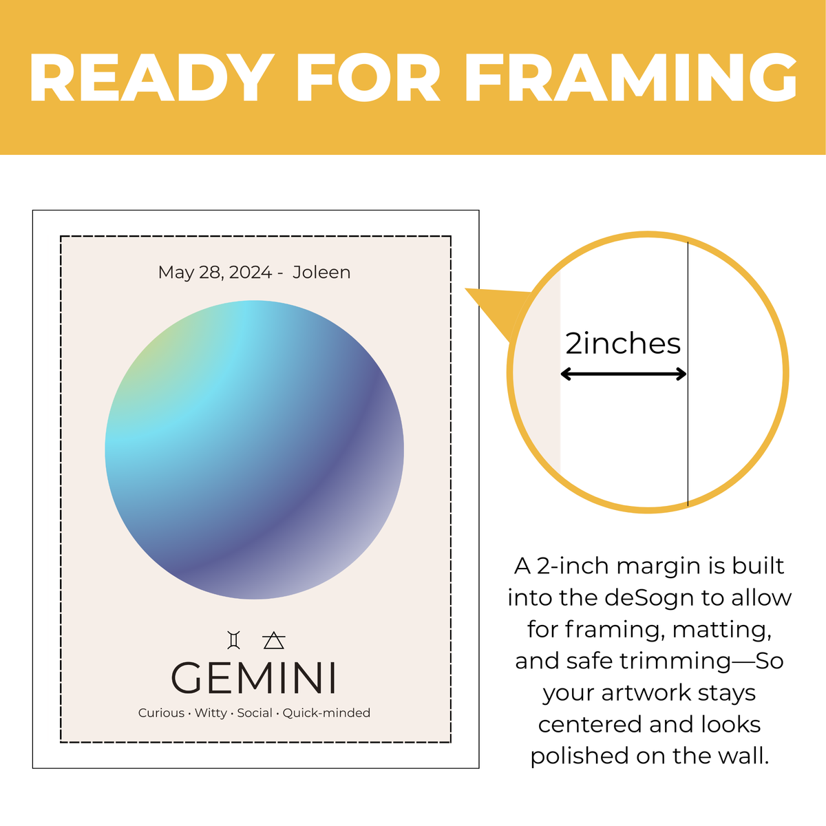 Personalized Gemini zodiac print showing approximately 2-inch built-in margin for framing and matting