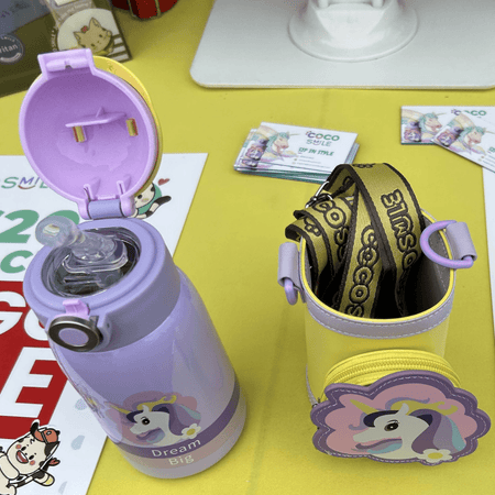 Unicorn Drinking Kids Insulated Water Bottle - Easy Open Button & Carrying Lanyard with Zipper Pouch - Stainless Steel Water Bottle for School Boys Girls.