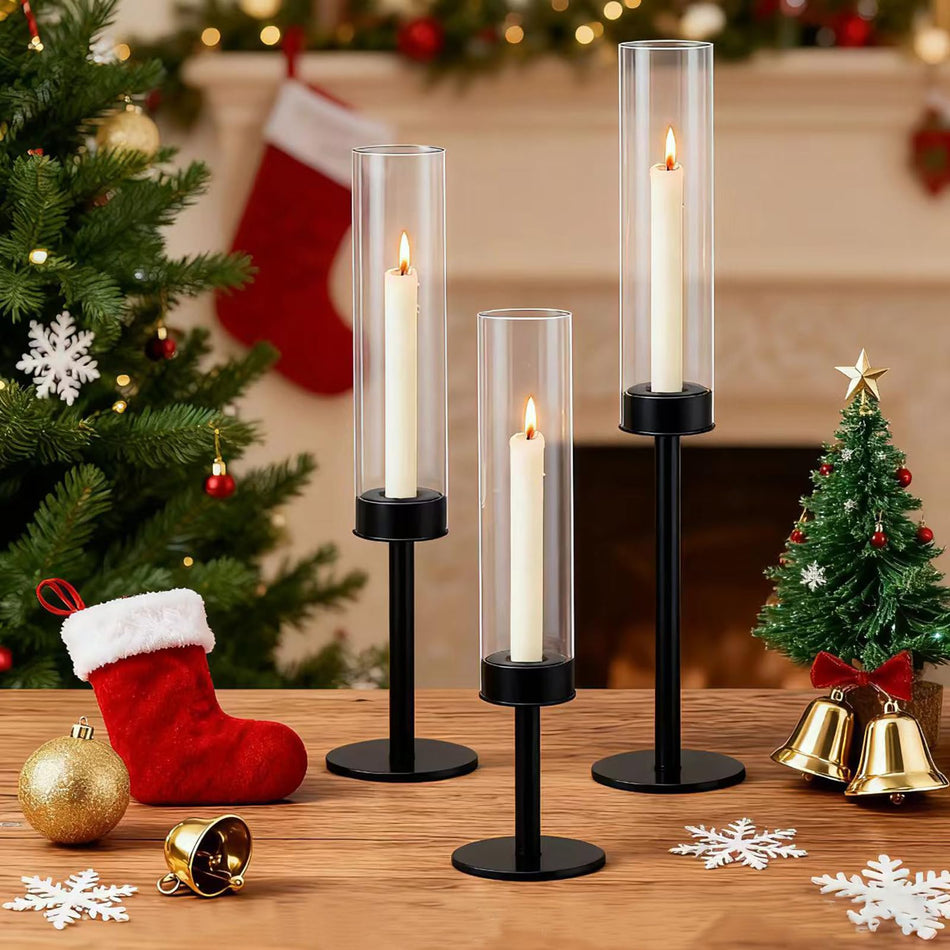 3-Piece Black Glass Hurricane Candle Holder Set