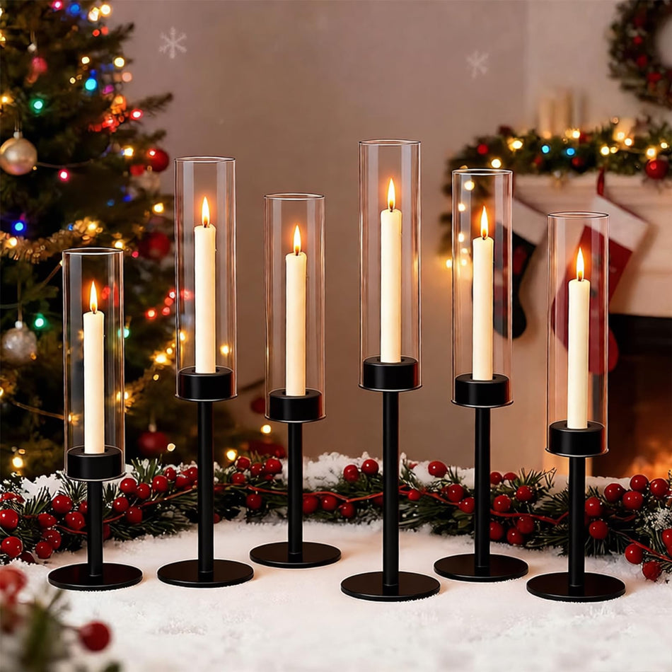 6-Piece Black Glass Hurricane Candle Holder Set