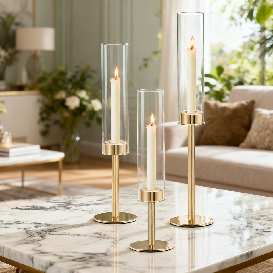 3-Piece Gold Glass Hurricane Candle Holder Set