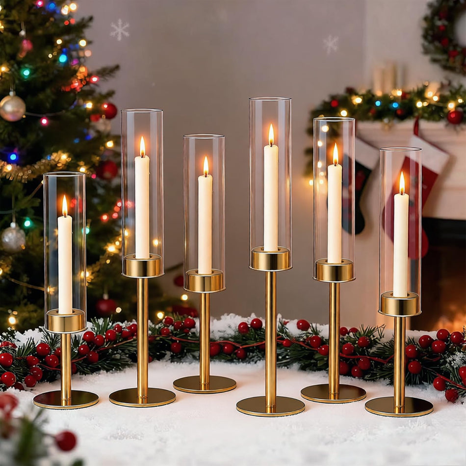 6-Piece Gold Glass Hurricane Candle Holder Set