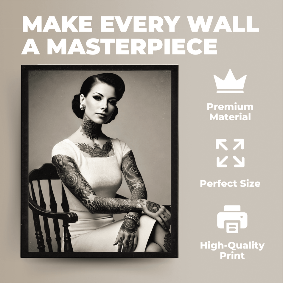 InkFlow Tattooed Woman Poster - Retro Tattoo Art Print, Black & White Photography Circus Art for Home Office or Living Room Wall Decor - 11x14 UNFRAMED Wall Art - Infinity Beyond Crafts