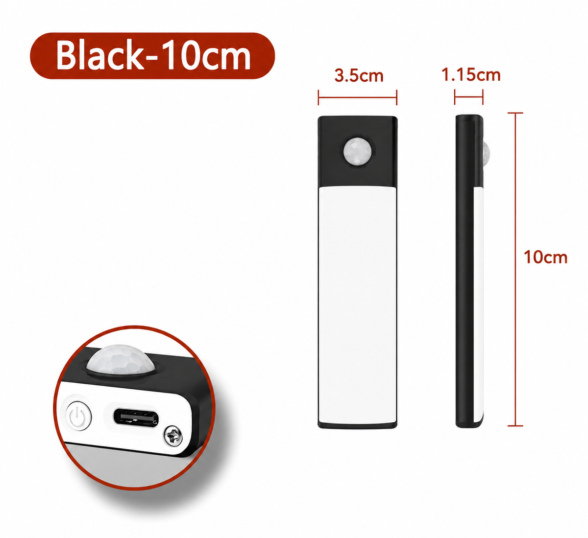 A black and white rectangular battery or power bank shown from front, side, and close-up views with red dimension labels indicating 10 cm height, 3.5 cm width, and 1.