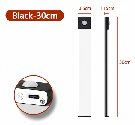 A black and white rectangular portable light with dimension labels showing 30cm length, 3.5cm top width, 1.