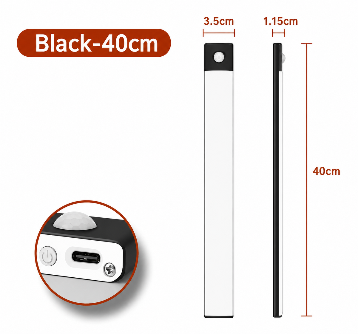 A black and white portable power bank shown with dimension labels: 40cm length, 3.5cm width, and 1.
