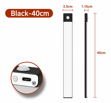 A black and white portable power bank shown with dimension labels: 40cm length, 3.5cm width, and 1.