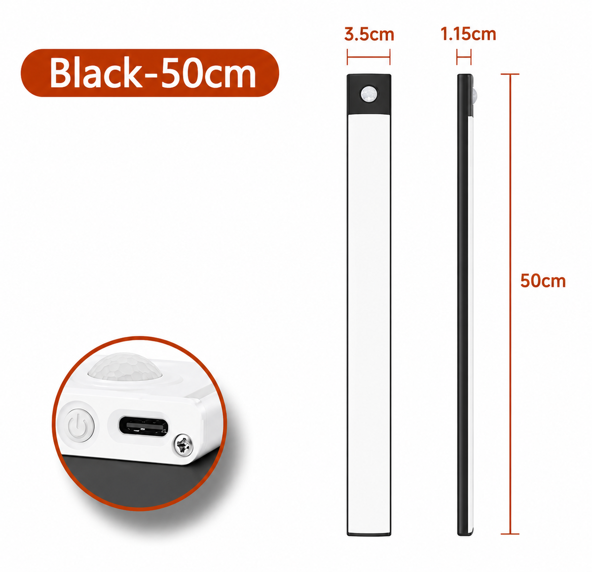 A product dimension diagram showing a slim rectangular black-and-white device from the front, side, and top close-up, with measurements labeled 50 cm, 3.5 cm, and 1.