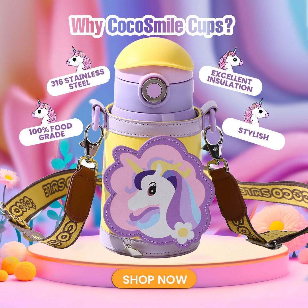 Unicorn Drinking Kids Insulated Water Bottle - Easy Open Button & Carrying Lanyard with Zipper Pouch - Stainless Steel Water Bottle for School Boys Girls.