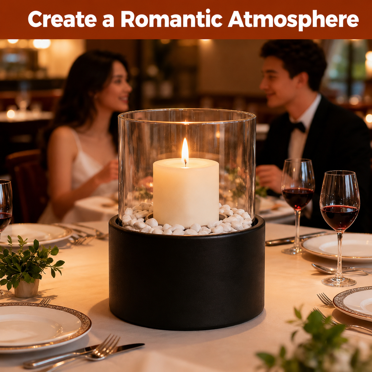 Hurricane candle holder styled as a romantic dining centerpiece