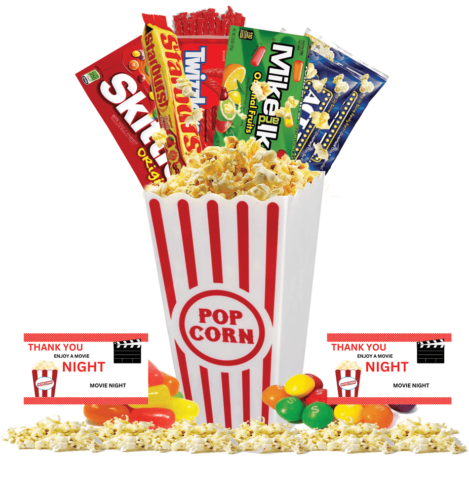 Movie Night Popcorn and Candy Gift Basket Plus 1 Movie Night Rentals - Infinity Beyond Crafts