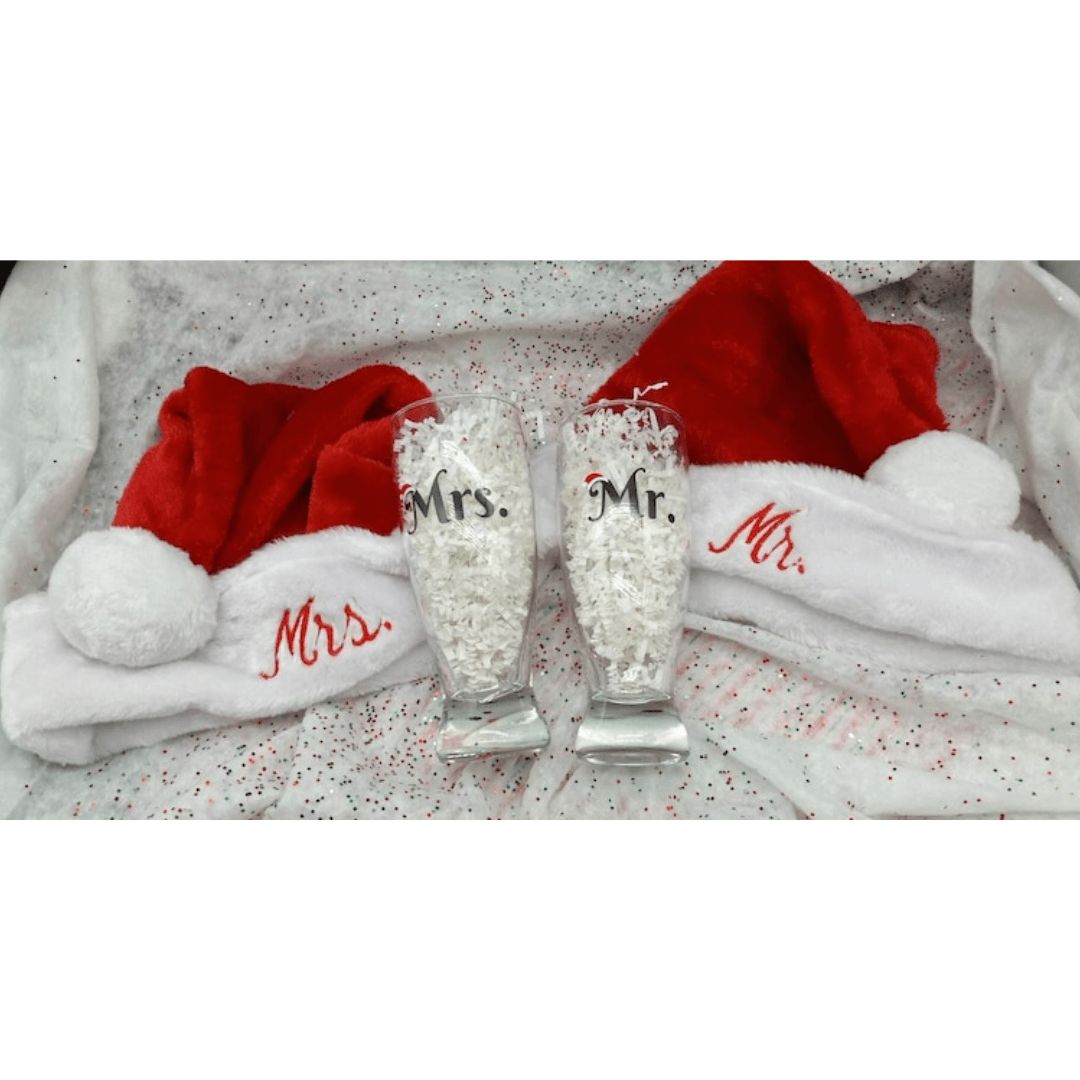 Santa Hat, Mr. And Mrs. Gift set, Glass and Santa hat set, Bride and Groom, couple, engagement, anniversary, holiday gift, embroidered hat - Infinity Beyond Crafts
