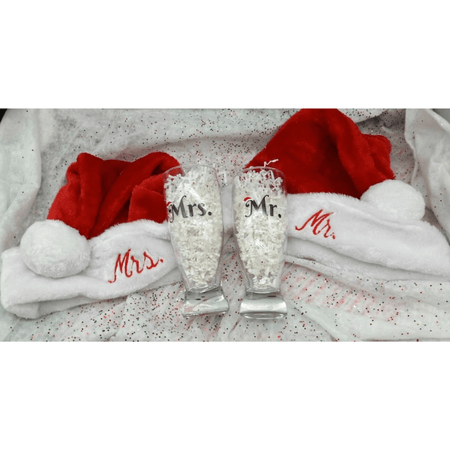 Santa Hat, Mr. And Mrs. Gift set, Glass and Santa hat set, Bride and Groom, couple, engagement, anniversary, holiday gift, embroidered hat - Infinity Beyond Crafts