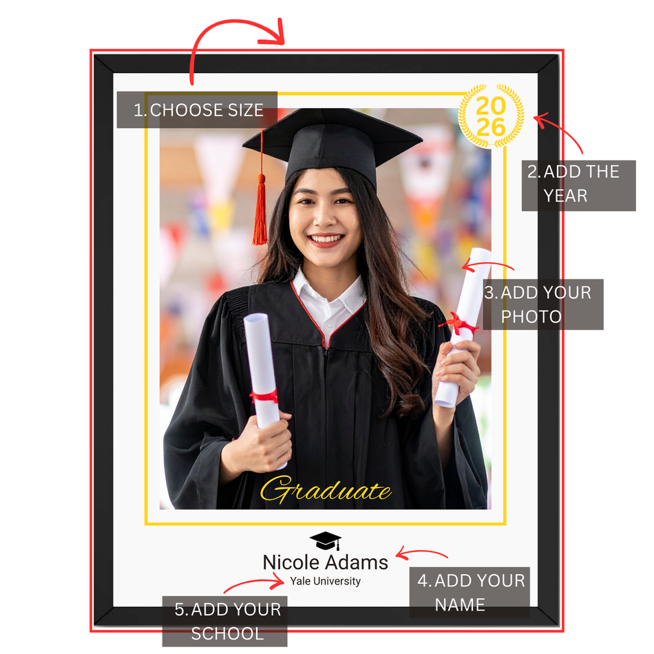 Graduation-themed photo frame with customizable options on a white background