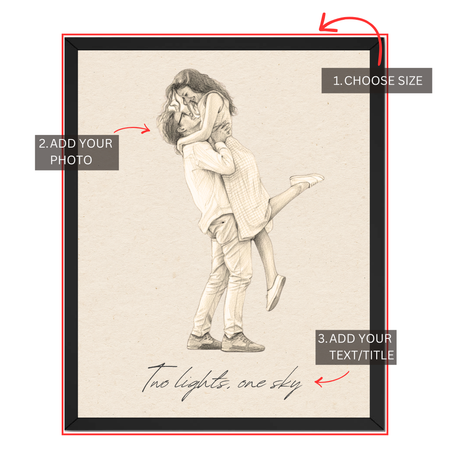 Personalized couple pencil sketch print created from a custom romantic photo with personalized quote text