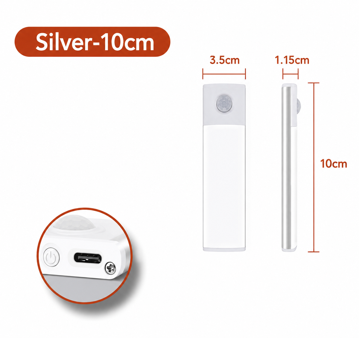 A silver rectangular electronic device shown on a white background with dimension labels: 10 cm height, 3.5 cm width, and 1.