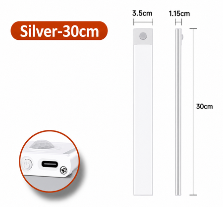 A white slim rectangular device shown with dimension labels on a white background, including a 30 cm length, 3.5 cm width, and 1.