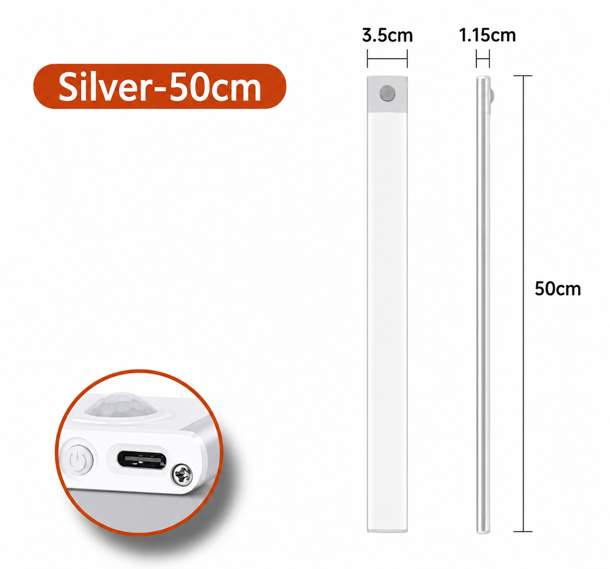 A silver linear light bar shown with dimension annotations: 3.5 cm width, 1.