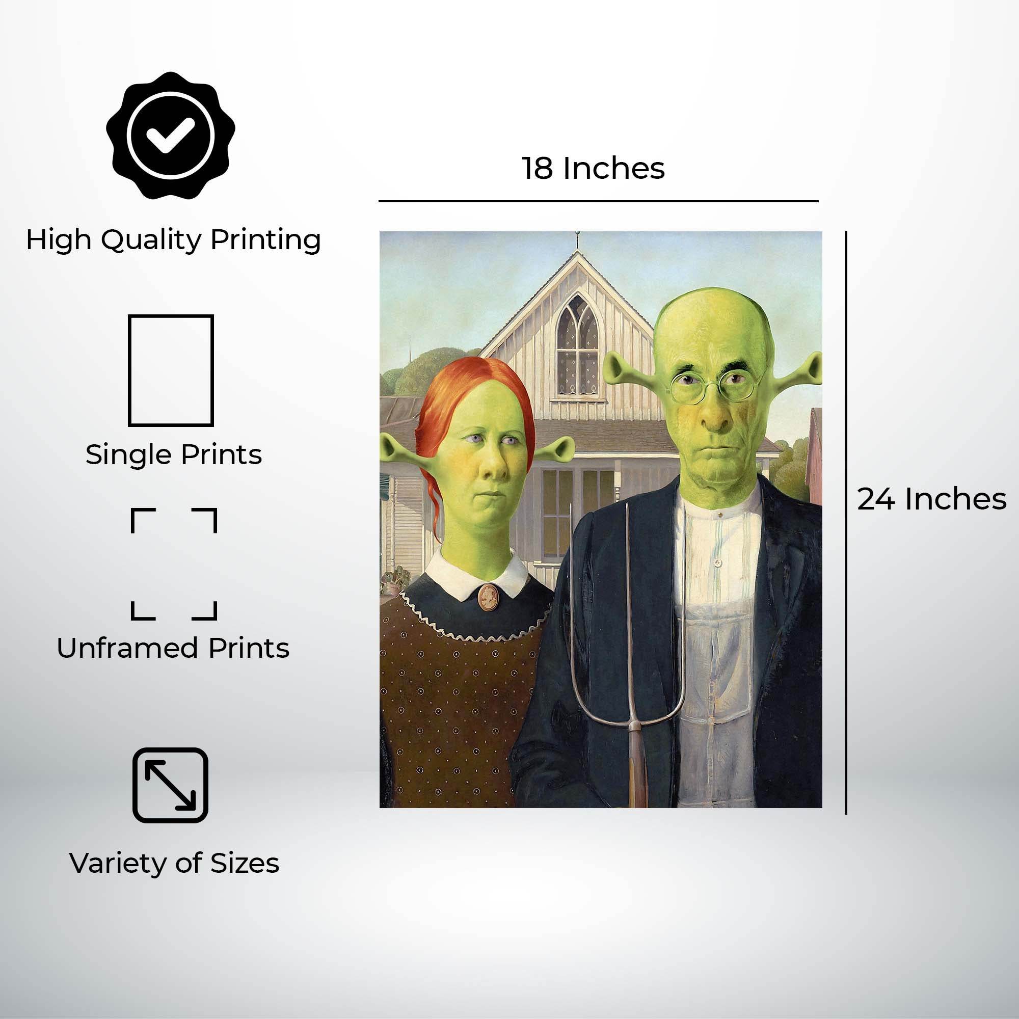 InkFlow American Gothic Style Shrek-Inspired Wall Art Poster for Home, Office, Bedroom, or Living Room Décor - Fun Pop Culture & Modern Art Piece - 8x10 Unframed Canvas Wall Art - Infinity Beyond Crafts