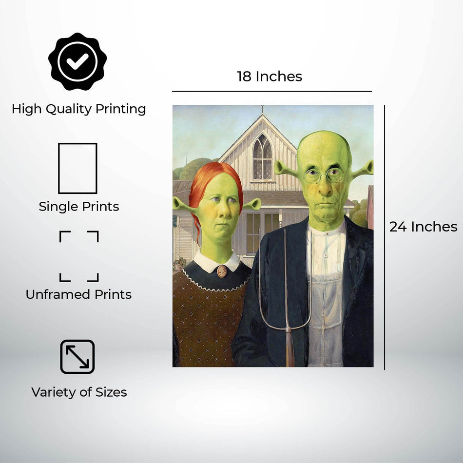 InkFlow American Gothic Style Shrek-Inspired Wall Art Poster for Home, Office, Bedroom, or Living Room Décor - Fun Pop Culture & Modern Art Piece - 8x10 Unframed Canvas Wall Art - Infinity Beyond Crafts