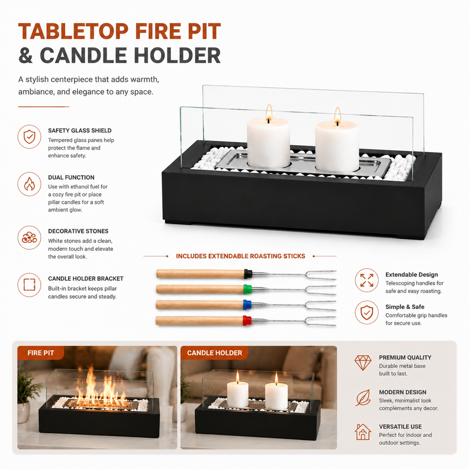 Tabletop fire pit and candle holder with safety features and accessories on a white background