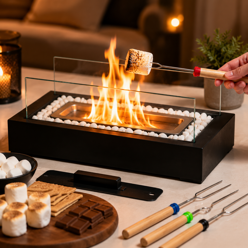 Wownic 2-in-1 Tabletop Fire Pit & Candle Holder Set with 4 Extendable Roasting Sticks